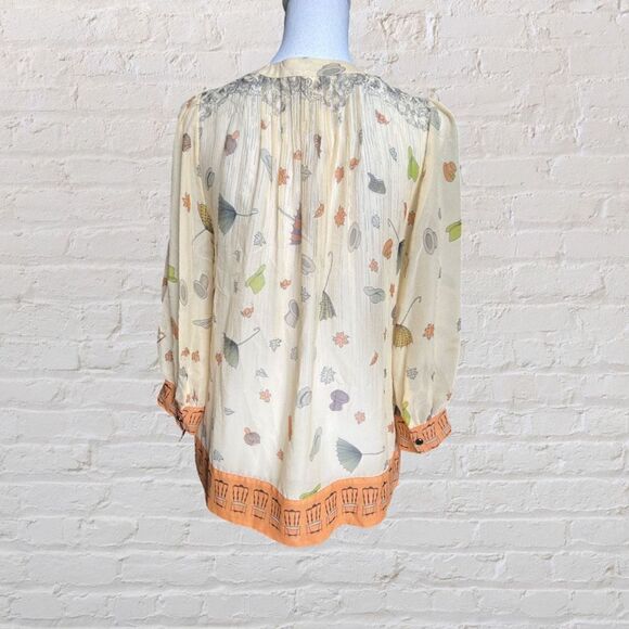 Anthropologie Floreat Raining Pouring Silk Blouse with Umbrella Hat Print Size 4 - Picture 3 of 7